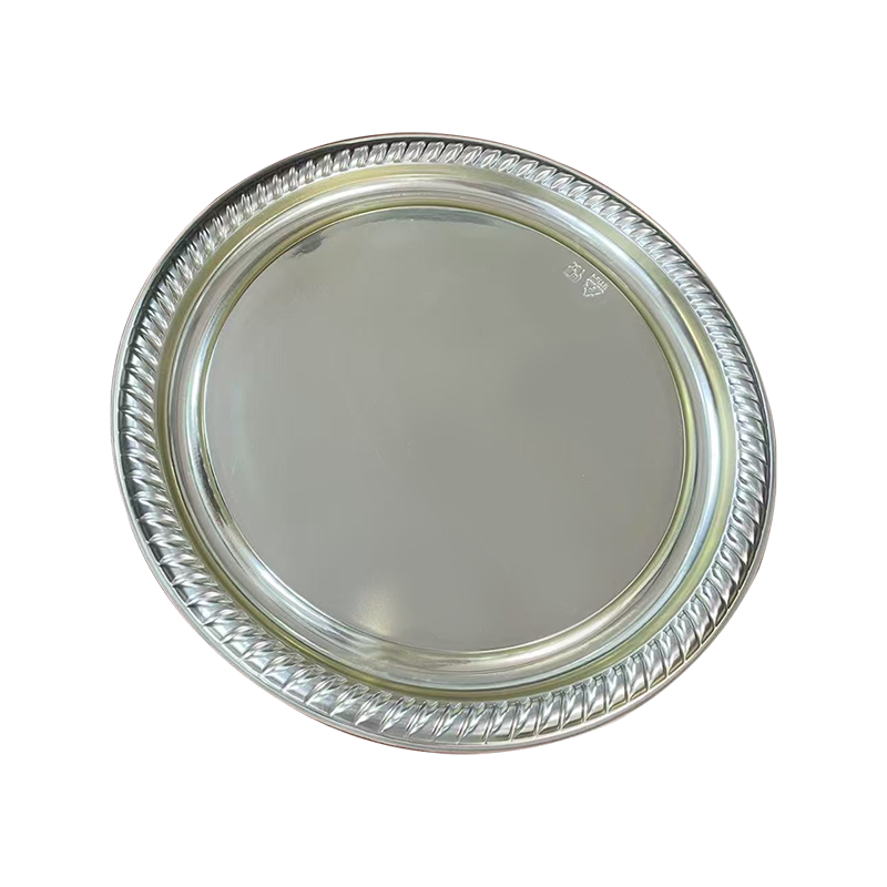 Gümüş yelpaze şeklinde kenarlı dairesel tepsi